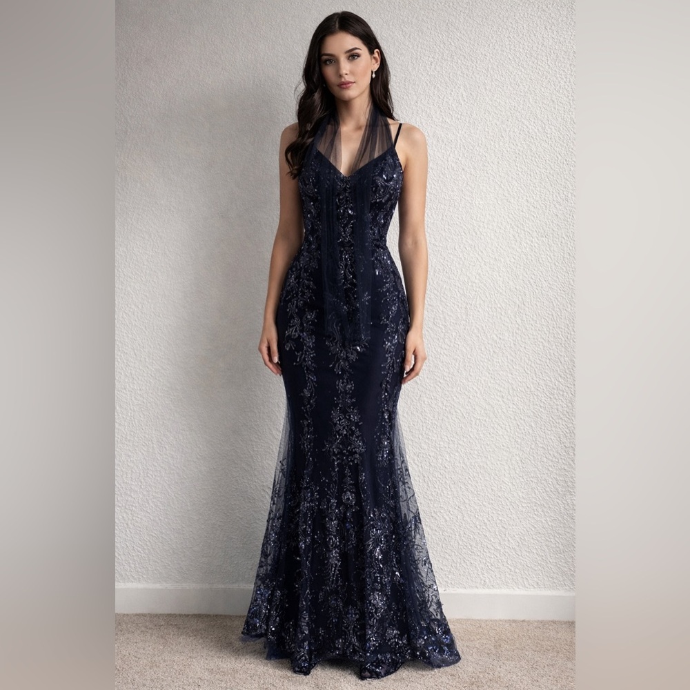 Midnight Blue Sequin Prom Dress